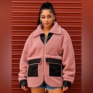 Women's Pink and Black Sherpa Jacket